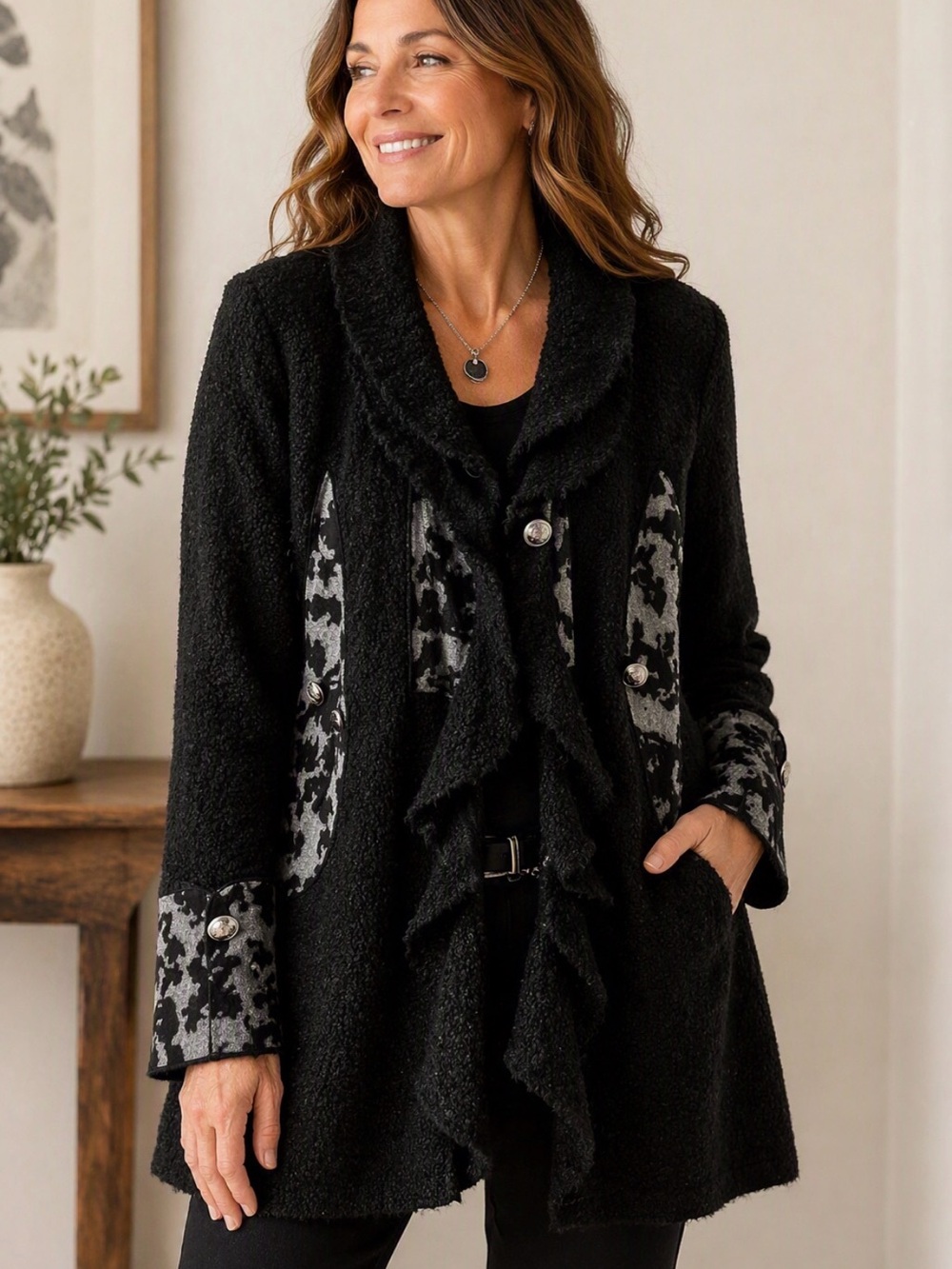 Papa Brand Black Ruffle Bouclé Jacket with Patterned Accents